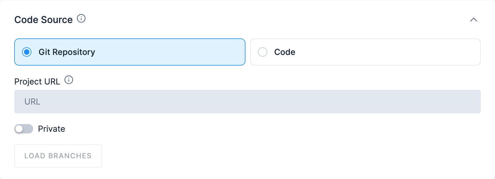 The Code Source card with Git Repository selected: an empty Project URL field, the Private switch off, and Load branches